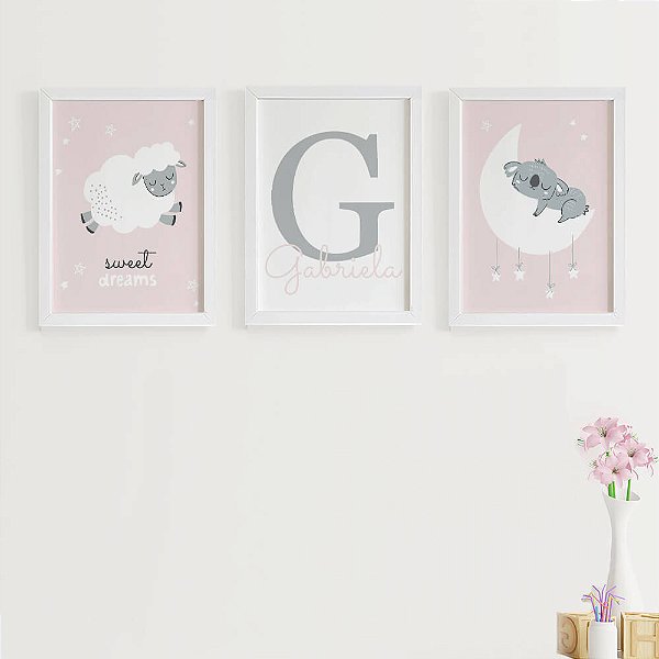 Quadros para quarto de bebê Ovelha Coala Inicial e Nome