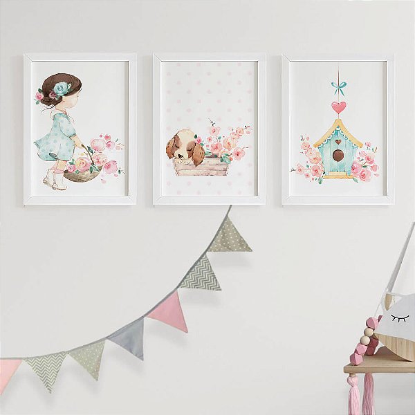 Quadros para quarto de bebê Menina Cachorrinho e Casinha