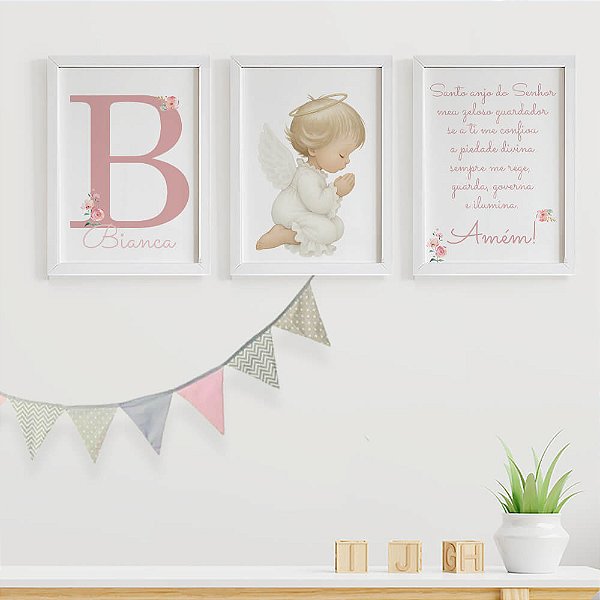 Quadros para quarto de bebê Santo Anjo do Senhor Anjinho e Nome
