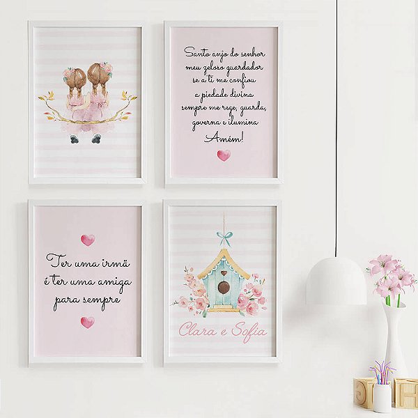 Quadros para quarto de irmãs Ter uma irmã é ter uma amiga para sempre e Santo Anjo com Nomes