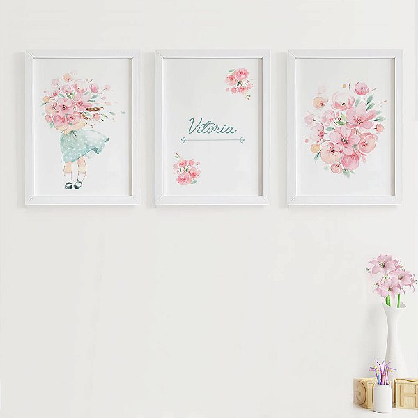 Quadros para quarto de bebê Jardim Flores Menina com Nome