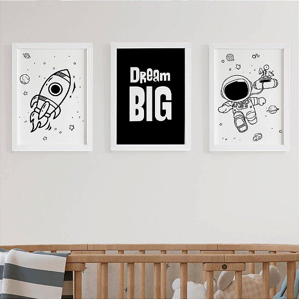Quadros para quarto de bebê Astronauta Preto e Branco Dream Big