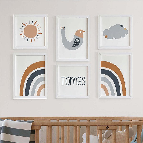 Quadros para quarto de bebê Arco Íris Nuvem Pássaro Menino com Nome - Baloê