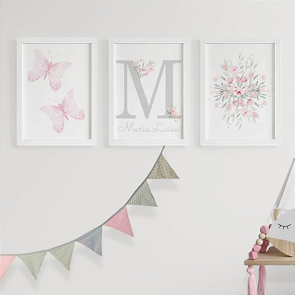 Quadros para quarto de bebê Borboletas Inicial com Nome e Flores
