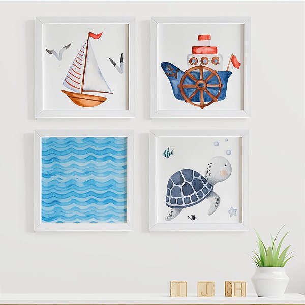 Quadros para quarto de bebê Fundo do Mar Embarcações Ondas e Tartaruga