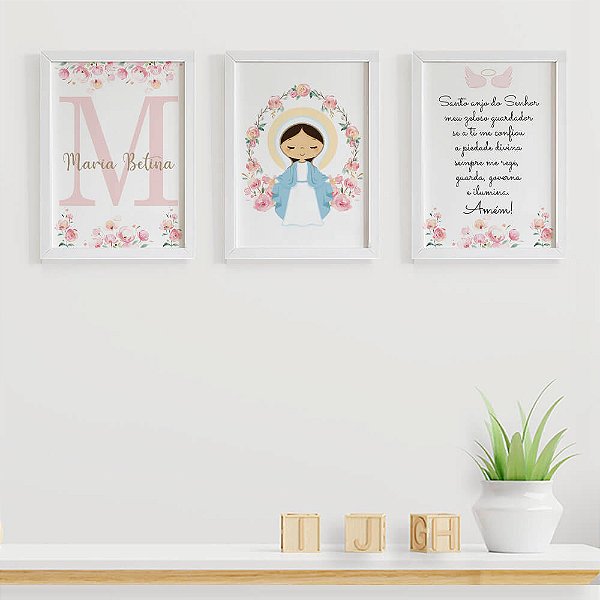 Quadros para quarto de bebê  Nossa Senhora das Graças Santo Anjo Inicial e Nome