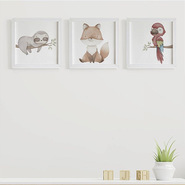 Quadros para quarto de bebê Fauna Brasileira Preguiça Lobo Guará Arara Vermelha