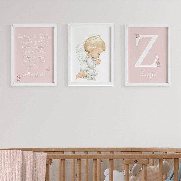 Quadros para quarto de bebê Santo Anjo Menina Anjinho Inicial e Nome