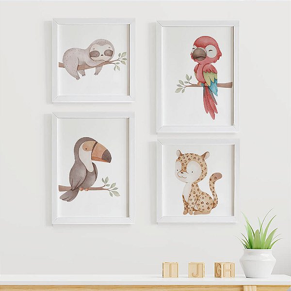 Quadros para quarto de bebê Fauna Brasileira Preguiça Arara Tucano Onça
