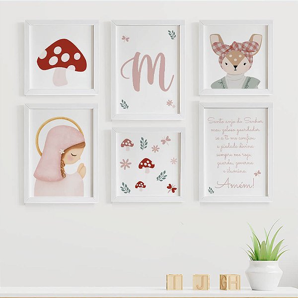 Quadros para quarto infantil Cogumelos Cervo Santo Anjo Nossa Senhora com Inicial