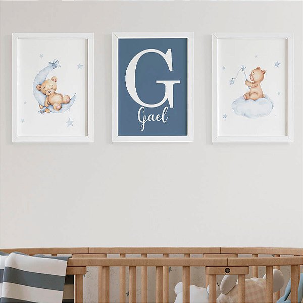 Quadros para quarto de bebê Ursinho na Nuvem Inicial e Nome