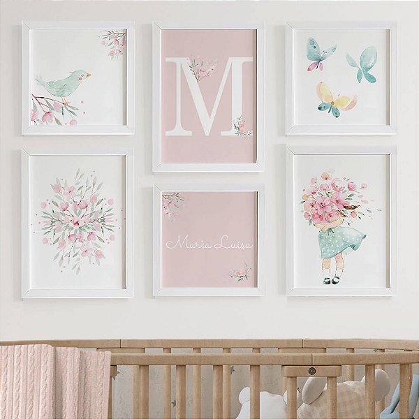 Quadros para quarto de bebê Jardim Borboletas Pássaro com Inicial e Nome