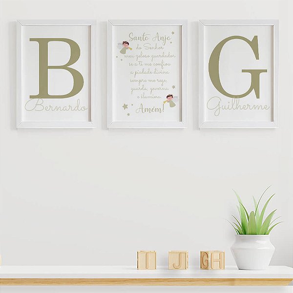 Quadros Infantis Santo Anjo com Inicial e Nomes personalizados