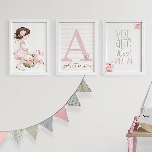 Quadros para quarto de bebê Menina Flores Inicial com Nome e Voe Alto