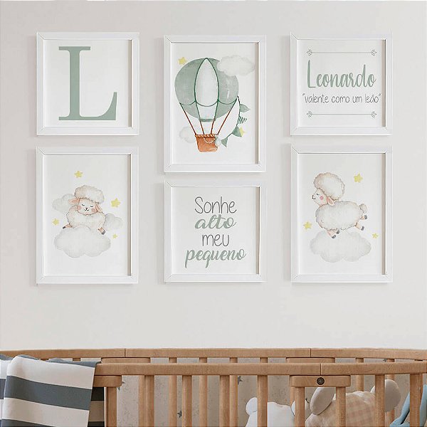 Quadros para quarto de bebê Nuvem Balão Ovelha + Nome e significado + Sonhe alto