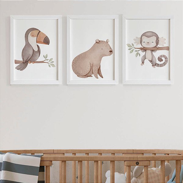 Quadros para quarto de bebê Fauna Brasileira Tucano Capivara Sagui