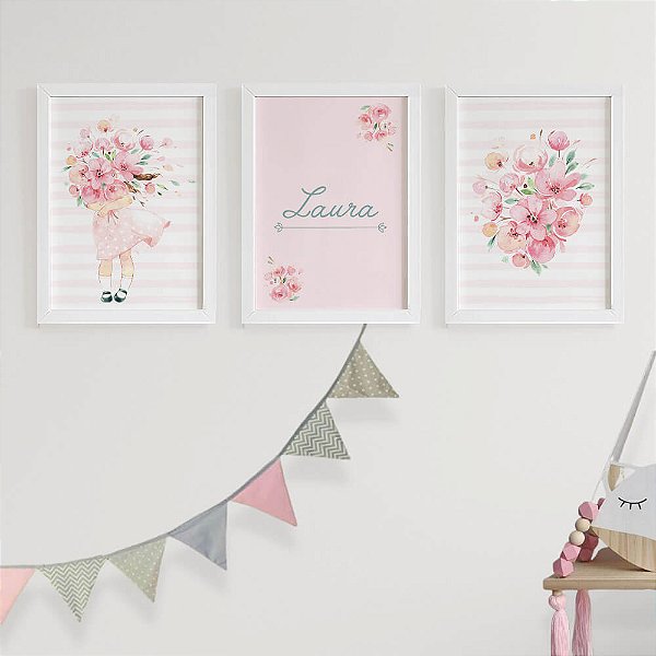 Quadros para quarto de bebê Menina Nome e Flor