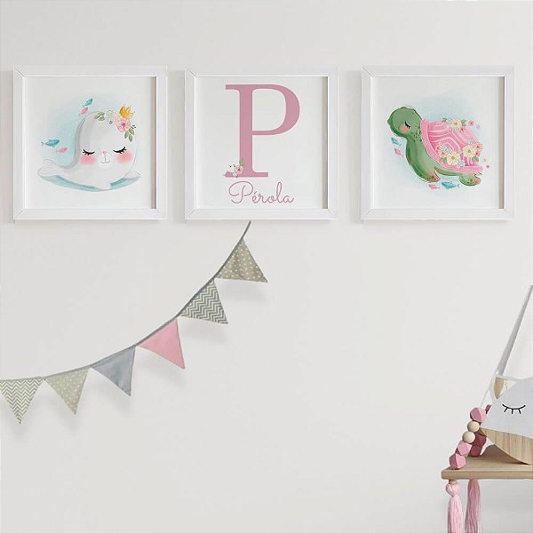 Quadros para quarto de bebê Fundo do mar Foca Tartaruga Inicial e Nome