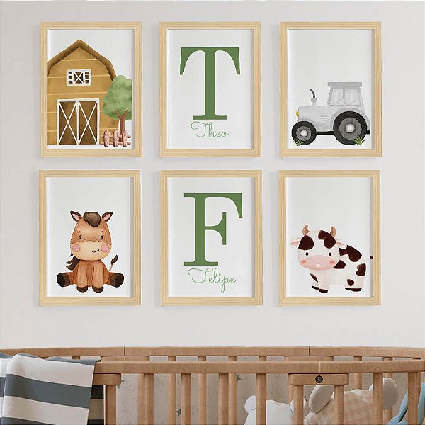 Quadros para quarto de bebê Fazendinha com Inicial e Nome