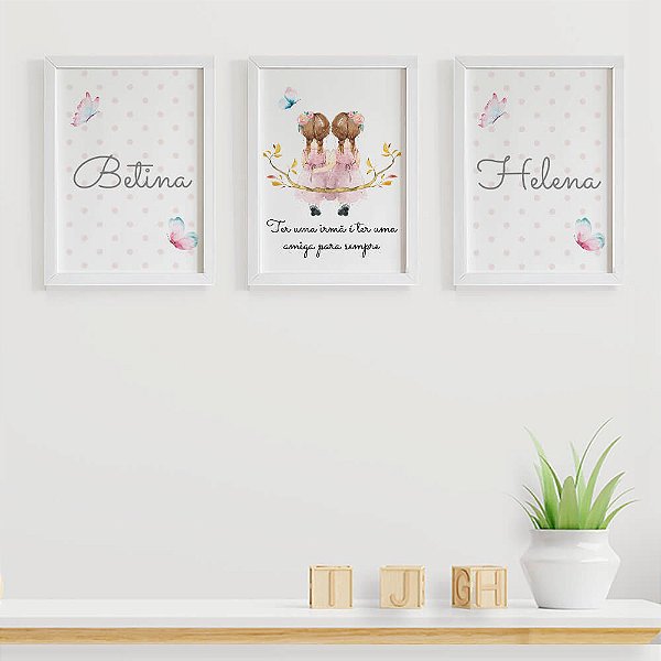 Quadros para quarto de Irmãs Gêmeas Borboleta com Nomes personalizados