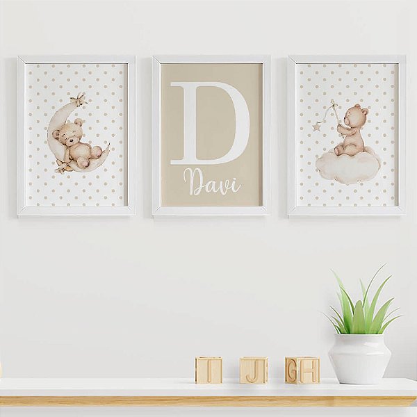 Quadros para quarto de bebê Ursinhos Bege com Inicial e Nome