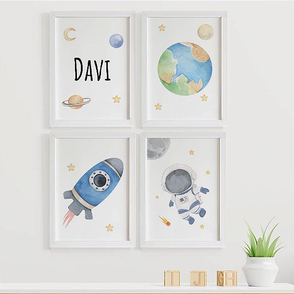 Quadros para quarto de bebê Astronauta Planeta Foguete e Nome