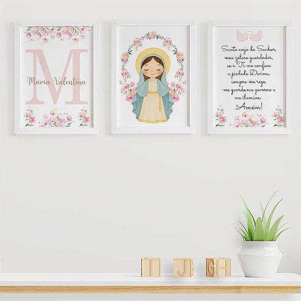 Quadros para quarto de bebê  Nossa Senhora das Graças Santo Anjo Inicial e Nome
