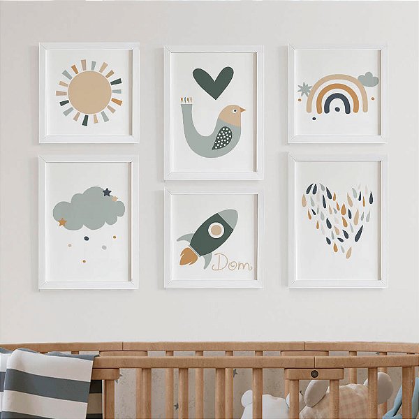Quadros para quarto de bebê Nuvem Arco Íris Sol Foguete Pássaro e Nome
