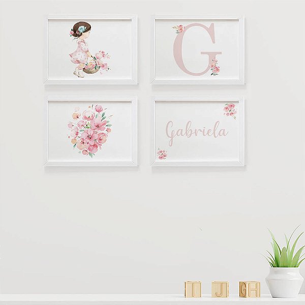 Quadros para quarto de bebê Menina com Flores Inicial e Nome