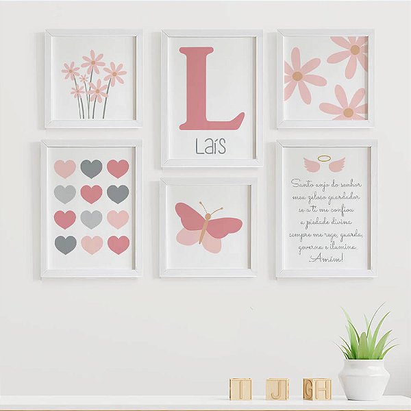 Quadros para quarto de bebê Margaridas Borboleta Santo Anjo Corações Inicial e Nome