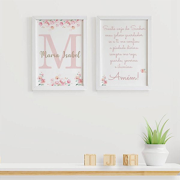 Quadros para quarto de bebê Santo Anjo Inicial e Nome com Flores