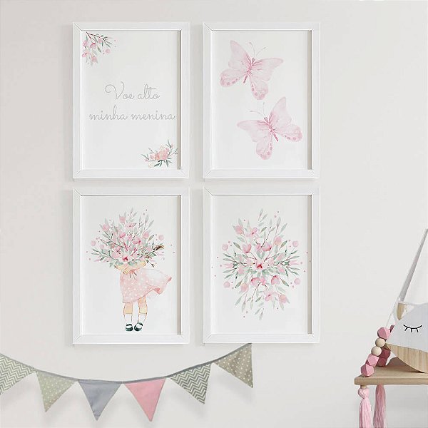 Quadros para quarto de bebê Menina com Flores e Borboleta Voe alto