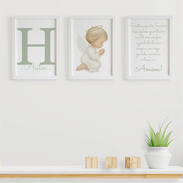 Quadros para quarto de bebê Santo Anjo com Anjinho rezando Inicial e Nome