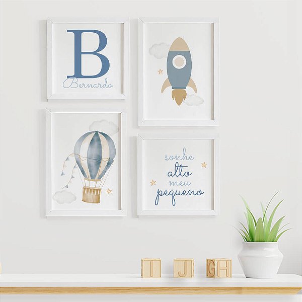 Quadros para quarto de bebê Balão e Foguete com Nome e Frase