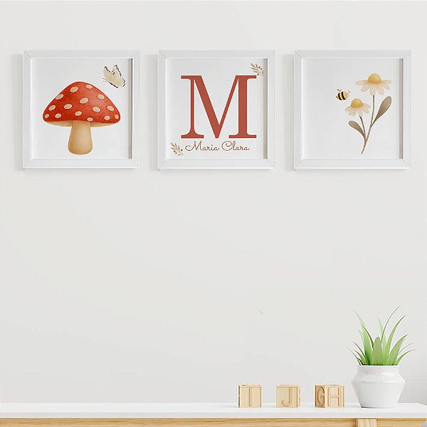 Quadros para quarto de bebê Cogumelo Inicial e Nome Margaridas