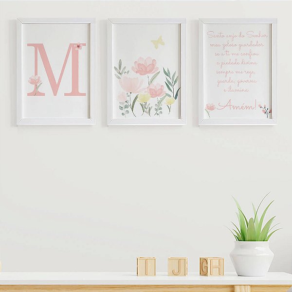 Quadros para quarto de bebê Inicial Flores e Santo Anjo