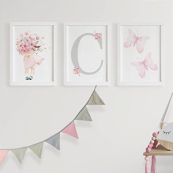 Quadros para quarto de bebê Menina Inicial e Borboletas