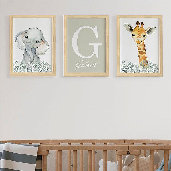 Quadros para quarto de bebê Safari Baby Elefante Girafa Inicial e Nome