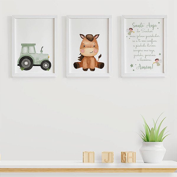 Quadros para quarto de bebê Fazendinha Trator Cavalinho e Santo Anjo