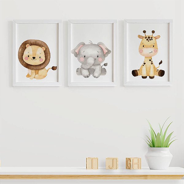 Quadros Safari Baby Leão Elefante Girafa