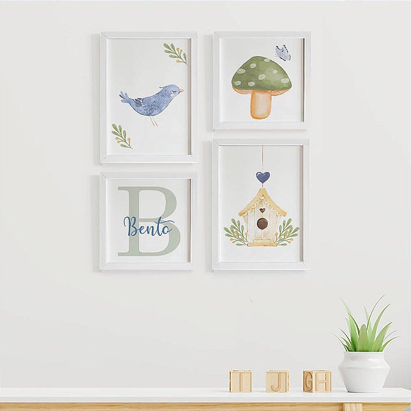 Quadros para quarto de bebê Passarinho Cogumelo Casinha Inicial com Nome