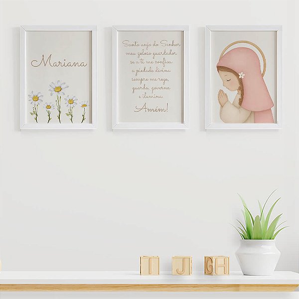 Quadros para quarto de bebê Santo Anjo Margaridas e Nossa Senhora