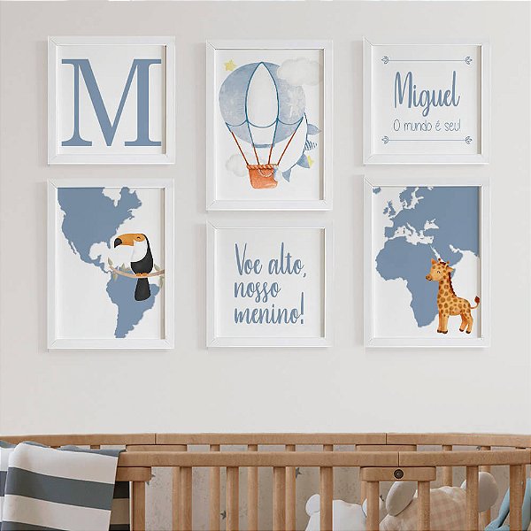 Quadros para quarto de bebe Mundo com Inicial e Nome personalizados Baloe Quadros para quarto de bebe e infantil