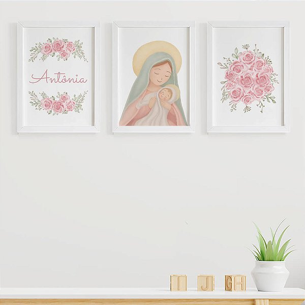 Quadros para quarto de bebê Nossa Senhora com Flores e Nome