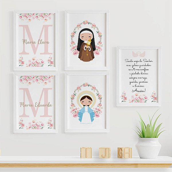 Quadros para quarto de bebê Santa Clara e Nossa Senhora das Graças Oração Santo Anjo e Nomes