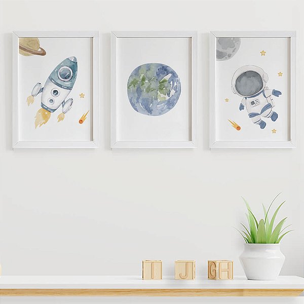 Quadros para quarto de bebê Astronauta Foguete e Planeta