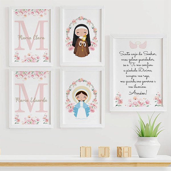 Quadros para quarto de bebê Santa Clara e Nossa Senhora das Graças Oração Santo Anjo e Nomes