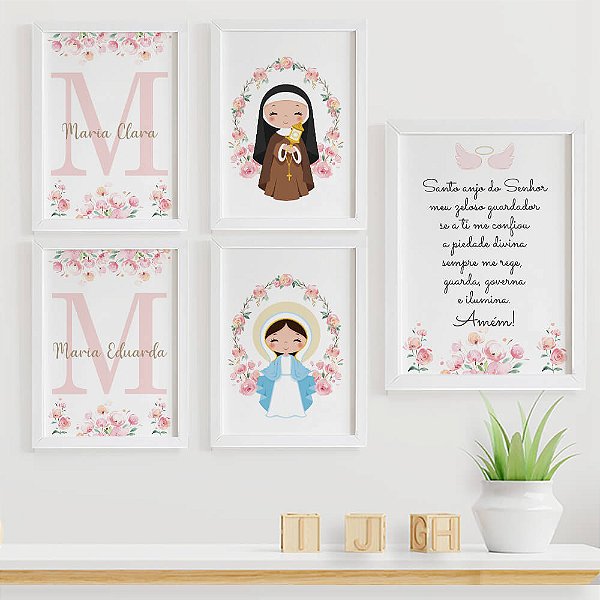 Quadros para quarto de bebê Santa Clara e Nossa Senhora das Graças Oração Santo Anjo e Nomes