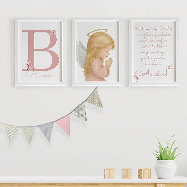 Quadros para quarto de bebê Anjinha Santo Anjo do Senhor Inicial e Nome