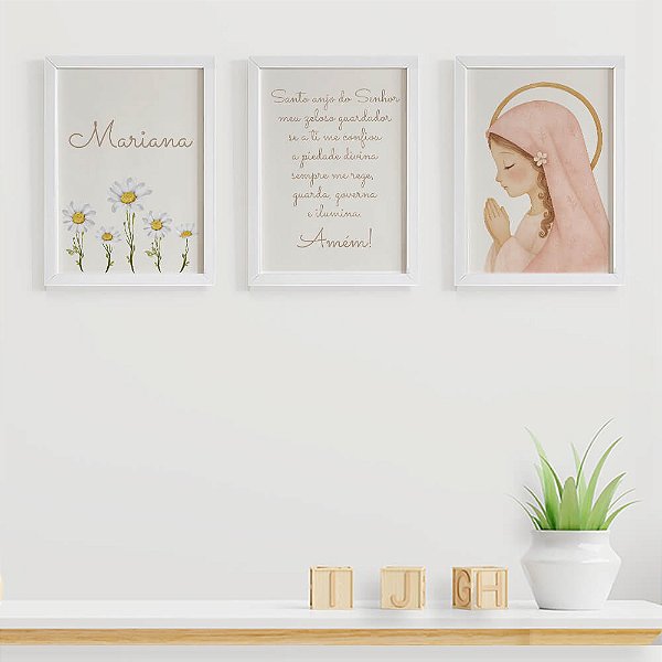 Quadros para quarto de bebê Nossa Senhora Santo Anjo Margaridas e Nome